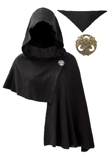 KUOIN Medieval Hooded Shawl Scarf, Post Apocalyptic Cowl Hood Cloak with Face Cover Brooch