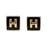 Pendientes de aro cuadrados con logotipo H dorado con incrustaciones de esmalte negro para un aspecto moderno y elegante