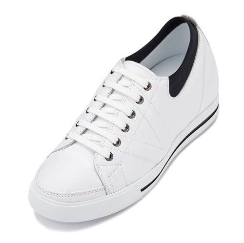 TOTO Men's Invisible Height Increasing Elevator Shoes - White/Black Leather Lace-up Sneakers - 2.4 Inches Taller - D8171 - Size 10 D(M) US