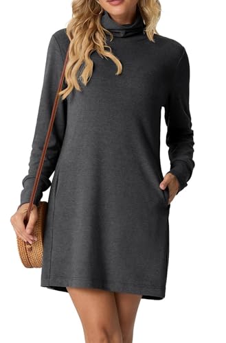 GRECERELLE Pulloverkleid Damen Winter Herbst Langärmliges Rollkragen-Minikleid Strickkleid mit Taschen, Elegantes Basic für Alltag | Knielang...