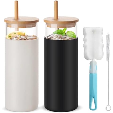 JIIKOOAI 20oz Glass Tumbler Set with Straw Cover