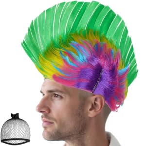 JoneTing 26CM/10inch Punk Mohican Hairstyle Cosplay Wigs Street Punk 80s Rock Rainbow Green Mohawk Wig for Adult Rainbow Green Mohawked Costume for Halloween Christmas Party Oufit+ Hair Cap