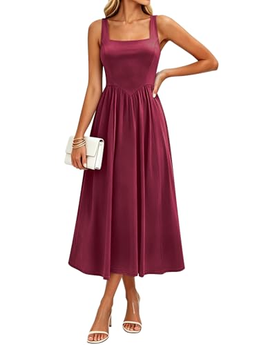 Image of Sureple Midi Dresses for Women 2026 Spring Square Neck Tank Sleeveless A Line Casual Summer Sundresses with Pockets