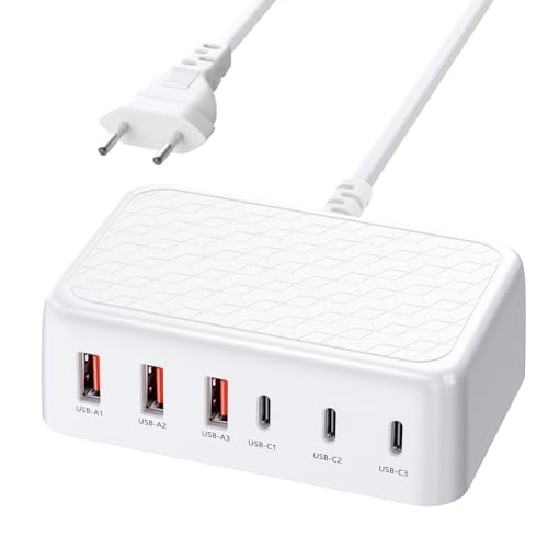 Cargador USB Múltiple 100W, Estación de Carga USBC GAN 6 Puertas(3 USBA + 3 USBC), Hub USB Multipuerto Carga Rápida para iPhone 17/16/15, Samsung S25/S24, Google Pixel, Adaptador Corriente Universal