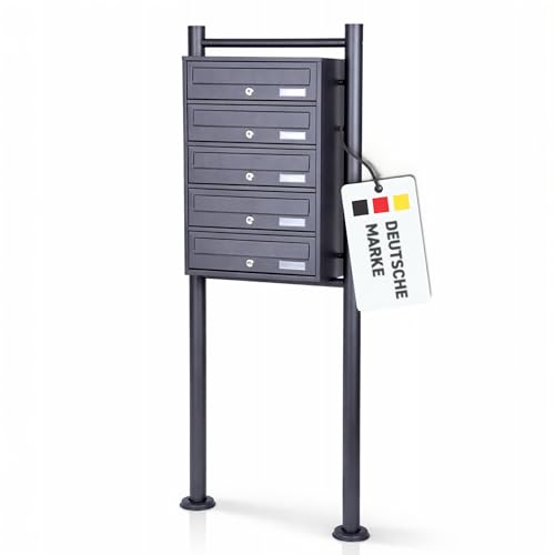 Rapid Teck® 5er Briefkastenanlage | 1x5 Fächer Briefkasten Anthrazit mit Namensschild | Edelstahl Postkasten | Dunkel Grau | Briefkasten Edelstahl Mehrfamilienhaus