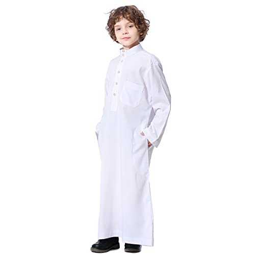 IDOPIP White Muslim Thobe for Boys, 4-5 Years, Modern Style, Solid Pattern, Wedding Occasion, Robe, Thobe with Pockets3
