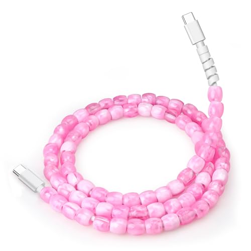 USB C Cable for iPhone 17 Beaded Phone Charger Cord 3.3FT Stylish Anti-Tangle Beaded Charging Cord 66W Fast Charging Type C Cable Girls Women for iPhone 17 16 15 Samsung S25 Ultra, Pink