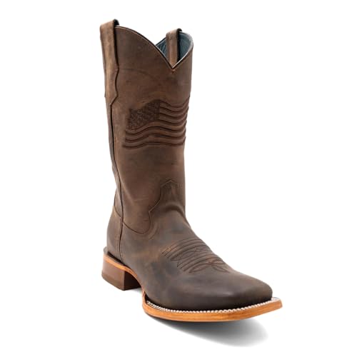 Mens Patriot Embroidered Square Toe Casual Boots Mid Calf - Brown2
