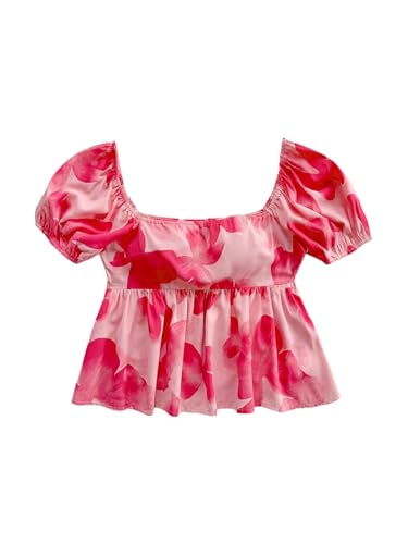 Girl's Floral Print Puff Short Sleeve Blouse Square Neck Boho Ruffle Peplum Shirt Tops
