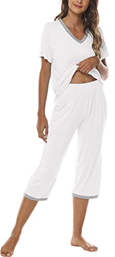Image of JINSHI Women's Pajamas Set Short Sleeve Top and Capri Pants Lightweight Sleepwear Comfy Pjs Lounge Set with Pockets