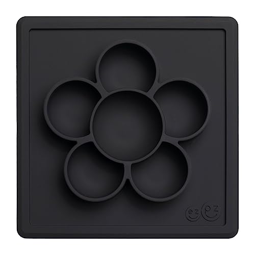 Image of ezpz Mini Play Mat for Baby + Toddler - 6 months+ (Slate) - Suction Plate with Flower Compartments for Crafts, Painting, Sorting, Snack Time - Promotes Pincer Grip