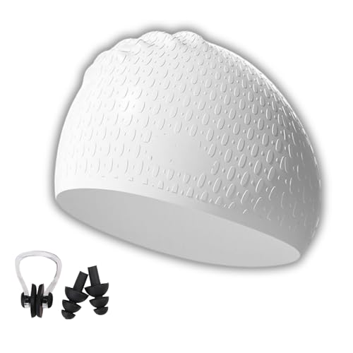 Silicone Swim Cap Extra Large Swimming Cap Ideal for Curly Short Medium Long Hair Swim Cap for Women and Men 3 In One Swim accessories set with swim earplugs and nose clip-White