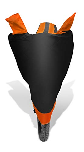 Image of Auto Hub Bike Cover Compatible with RC 200 with Mirror Pocket, Dustproof, Heat Resistant, Triple Stitched, RC 200 Bike Cover- Black, Orange