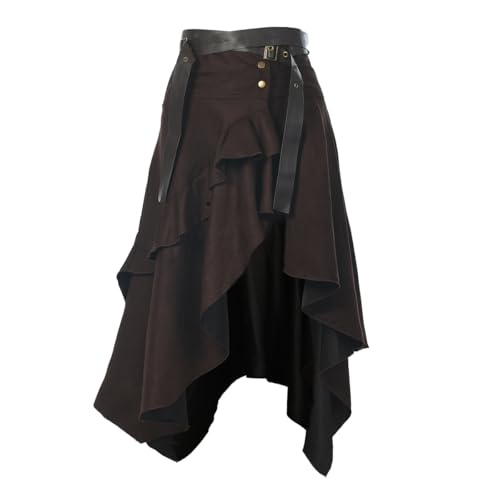 Damen Viktorianischer Steampunk Rock Piraten Kostüm Asymmetrisch Gerafft Hohe Taille A-Linie Rock mit Gürtel braun M