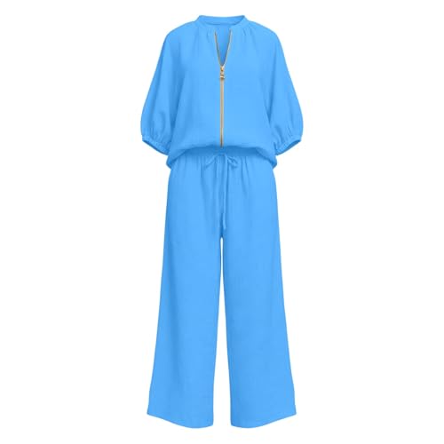 Ensemble femme haut zippé pantalon fluide décontracté ample - 2