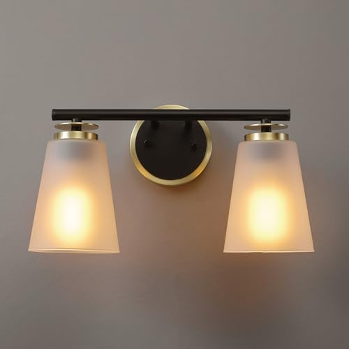Image of Globe Electric 2-Light Vanity Light, Matte Black, Frosted Glass Shades, Matte Brass Accents