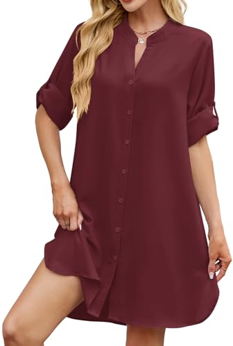 Image of PerZeal Womens Sexy V Neck Button Down Shirt Dresses Summer Short Sleeve Casual Loose Blouses & Button-Down Shifts Cover Ups
