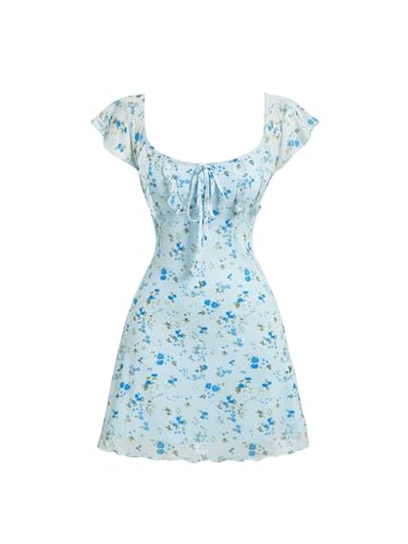 Image of Floerns Women's Floral Print Cap Sleeve Dress Square Neck Tie Front Summer A Line Cute Mini Dresses Blue M