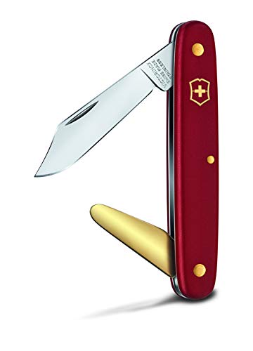 Victorinox Okuliermesser 2, Garten Taschenmesser, Gärtner und Floristen, Klinge, spitz, Messing-Rindenlöser, rot