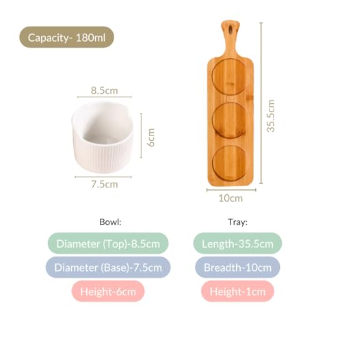 Image of Nestasia Ribbed Ceramic Bowls Set with Wooden Tray 180ml | Food-Safe, Non-Toxic | Ideal for Dips, Snacks, Treats, Dry Fruits, and Desserts