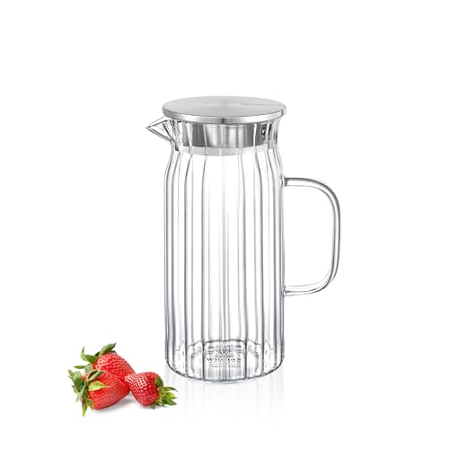 Wilmax | Glaskaraffe mit Deckel aus Edelstahl | 1000ml | Wasserkaraffe aus geriffeltem Glas | Wasserkrug für Saft, Wasser, Eistee, Milch | Glaskaraffe | Wasserkanne | Spülmaschinenfest
