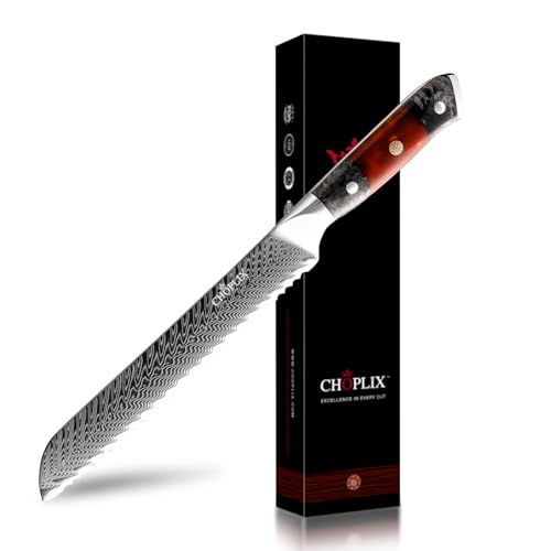 EmberSharp Series 8-inch Bread Knife 67 Layers Damascus Steel Blades with Solidified Wood & Red Resin Handles, Professional Kitchen Knives, Rust Resistant Design, Versatile for All Cooking Needs