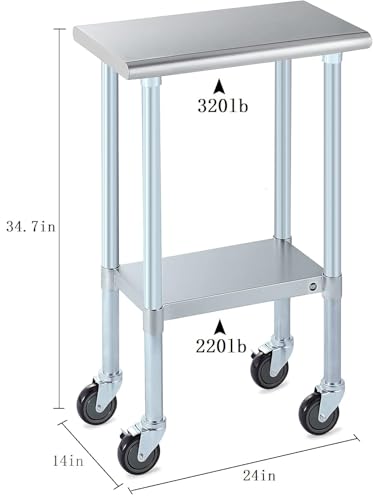 Image of ROCKPOINT Stainless Steel Table for Prep & Work with Caster Wheels 14x24 Inches, NSF Metal Commercial Kitchen Heavy Duty Table with Adjustable Under Shelf and Table Foot for Restaurant, Home and Hotel