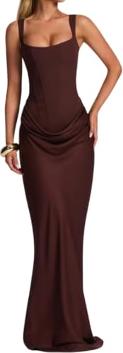 Corset Dress for Women Formal Wedding Guest Dress Bodycon Mermaid Ruched Lace Up Back Satin Maxi (Brown Red,Small)
