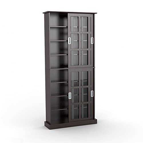 Atlantic Windowpane Media/Storage Cabinet - Tempered Glass Pane Sliding Doors, Stores Optical Media Like Cd/Dvd/Bd/Game Discs, Collectables & Memorabilia Collections, Pn 94835757 In Espresso #TOP6