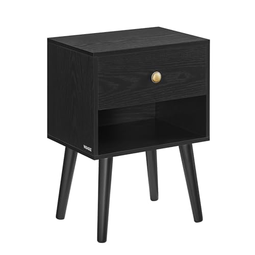 VASAGLE Comodino, Tavolino con Cassetto e Scomparto Aperto Portaoggetti, Gambe in Legno, Tavolino per Soggiorno, Camera da Letto, Divano, Nero Ebano LET655B56
