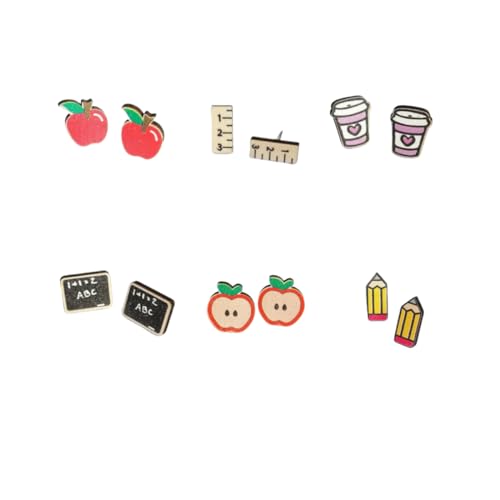Pingyongchang 6 Pairs Cute Teacher Stud Wood Earrings Funny Handmade Colorful Book Pencil Crayon Ruler Wooden Student Earrings for Women Back to School Jewelry Teacher Graduation Gift