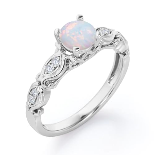 White Opal Engagement Rings for Women Center 1 CT Brilliant Round Cut Opal Ring with Moissanite in 10K 14K 18K Gold October Birthstone Rings for Her2
