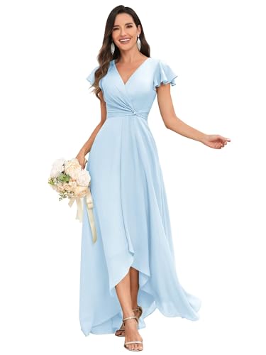 Short Sleeve Bridesmaid Dresses Chiffon Long A Line V Neck Ruffles High Low Modest Formal Prom Evening Dress