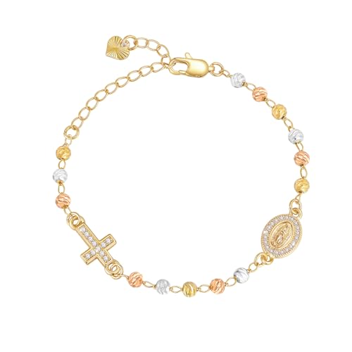 Gold Rosary Bead Cross Bracelet - 14k Gold Plated Virgin Mary Bracelets,Non Tarnish Golden Religious Rosarios Catolicos Virgen de Guadalupe Jewelry,Catholic Confirmation Baptism Gifts for Women