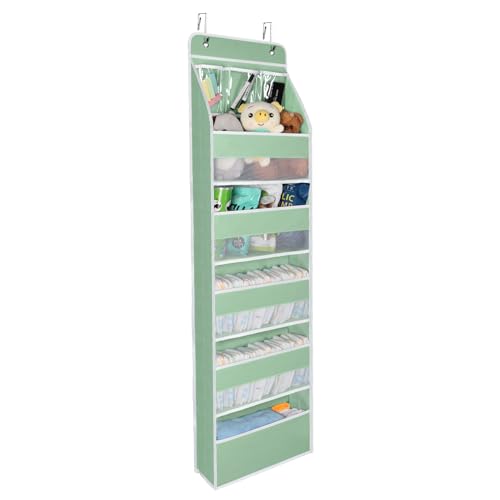 Image of Univivi Over Door Organizer Baby Door Storage Wall Mount Storage with 3 Small PVC Pockets and 5 Large Pockets Ideal for Baby Stuff, Toiletries and Sundries (Green)