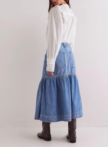 yoeasy Women's Casual Vintage High Waist Denim Maxi Skirts Button Pleated Flowy Swing A Line Long Jean Skirts3