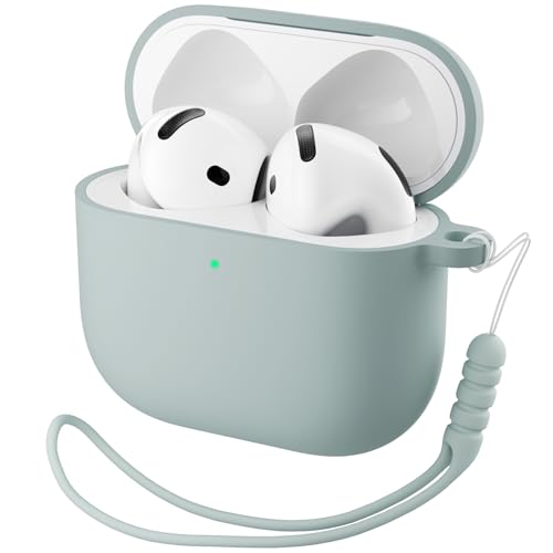 ORNARTO Funda para Airpods 4.ª Generación,Silicona Case Compatible con AirPods 4 (2024) (USB C),Protectora de Cuerpo Completo con Cordón y LED Frontal Visible,Verde Menta