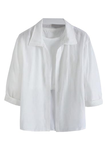 OYOANGLE Girl's Textured Button Down Long Sleeve Shirts Lightweight Plain Collared Blouse