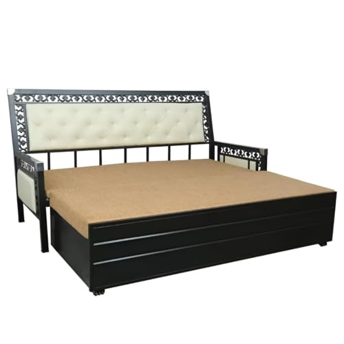 Image of Rexo Metal Sofa Cum Bed with Hydraulic Storage | 3 Seater Convertible Sofa Bed for Living Room | Heavy Duty Metal FrameMatte Black Finish with Light Brown Cushion, Queen