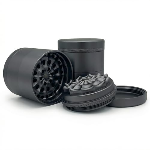 TRIVANA ONE | 5-teiliger Premium-Grinder aus Aluminium | 63mm | Zahnloses Flächenmahlwerk | AI-Design | CNC-gefräst | Inkl. Storage Deckel & Feinsieb (Graphitgrau)