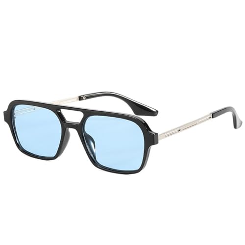 Lunettes de soleil carrées rétro à double pont creux en métal noir et bleu tendance