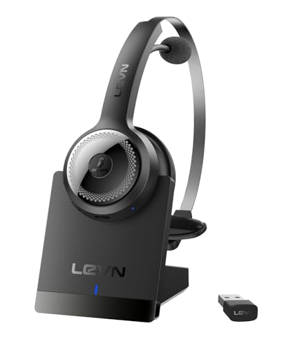 [2024 Version]LEVN Bluetooth 5.2 Headset, Wireless Headset with Microphone (AI Noise Cancelling) & USB Dongle, 45 Hrs Wireless Headset with Mic for Work from Home PC Laptop Computer Call Center Teams