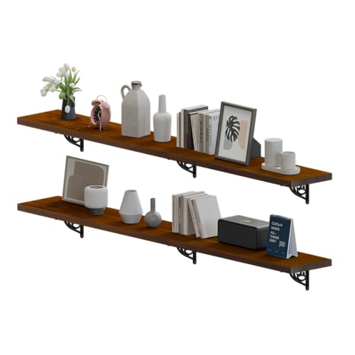 ONOTETUT 60 inch Long Floating Shelves for Wall,Solid Pine Wood Long Wall Shelves Set of 2,Walnut Color Bookshelf with Retro Iron Brackets for Living Room,Kitchen,Bathroom
