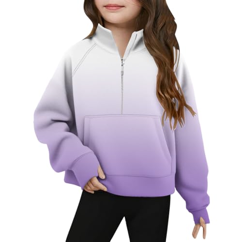 Girls Half Zip Gradient Sweatshirt Stand Collar Loose Long Sleeve Pullover T-Shirts Casual Tee Tops for Kids 5-14 Years