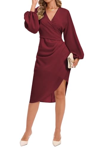 Image of Women's Wrap V Neck Asymmetrical Hem Midi Ruched Cocktail Evening Dress | Back Zipper, Regular Fit, Club Night, Semi Office Formal, Wedding Dinner Date, Flutter Short Sleeve, High Low Irregular Hem