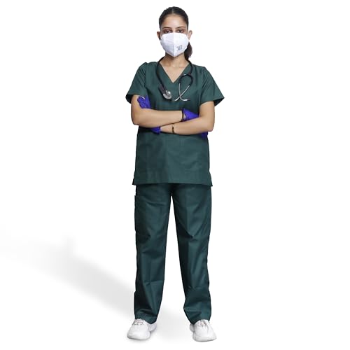 Image of Medical Scrub Suit For Women - Green (Medium) | Poly Viscose Fabric | Ultimate Comfort and Breathability | Elasticated Waist | Multiple Pockets | V-Neck