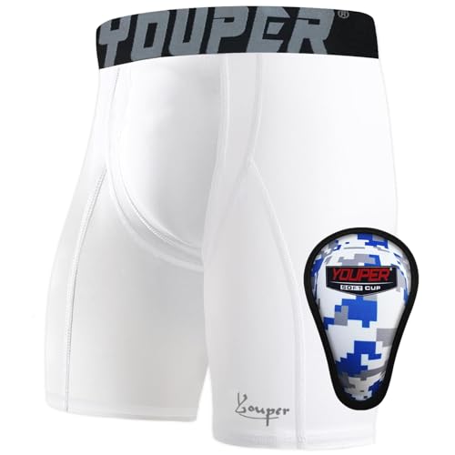 Youper Youth Boys Compression Shorts with Soft Protective Cup Sliding Underwear for Baseball Football (Medium White Grey Black)