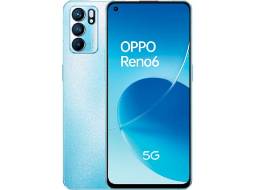 OPPO Reno 6 5G - ロック解除済み携帯電話、8GB+128GB、64+8+2+32 MP カメラ、Android スマートフォン、4300mAh バッテリー、65W 急速充電、デュアル SIM - ブルー