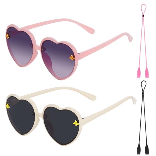 Obmwang 2 Pcs Kids Heart Shaped Sunglasses Cute Bee Glasses With Strap For Girls Boys Age 3-10 Uv400 Protection Outdoor Beach cover