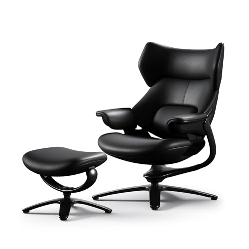 Image of TOMU Genuine Leather Reclining Swivel Chair with Adjustable Headrest and Ottoman for Living Room, Executive Office, Bedroom,Study. Real Leather Luxury Recliner for Reading and Relax (Black)